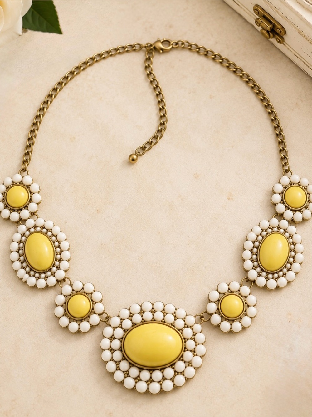 Yellow and White Beaded Statement Necklace Vintage Inspired Floral Cabochons